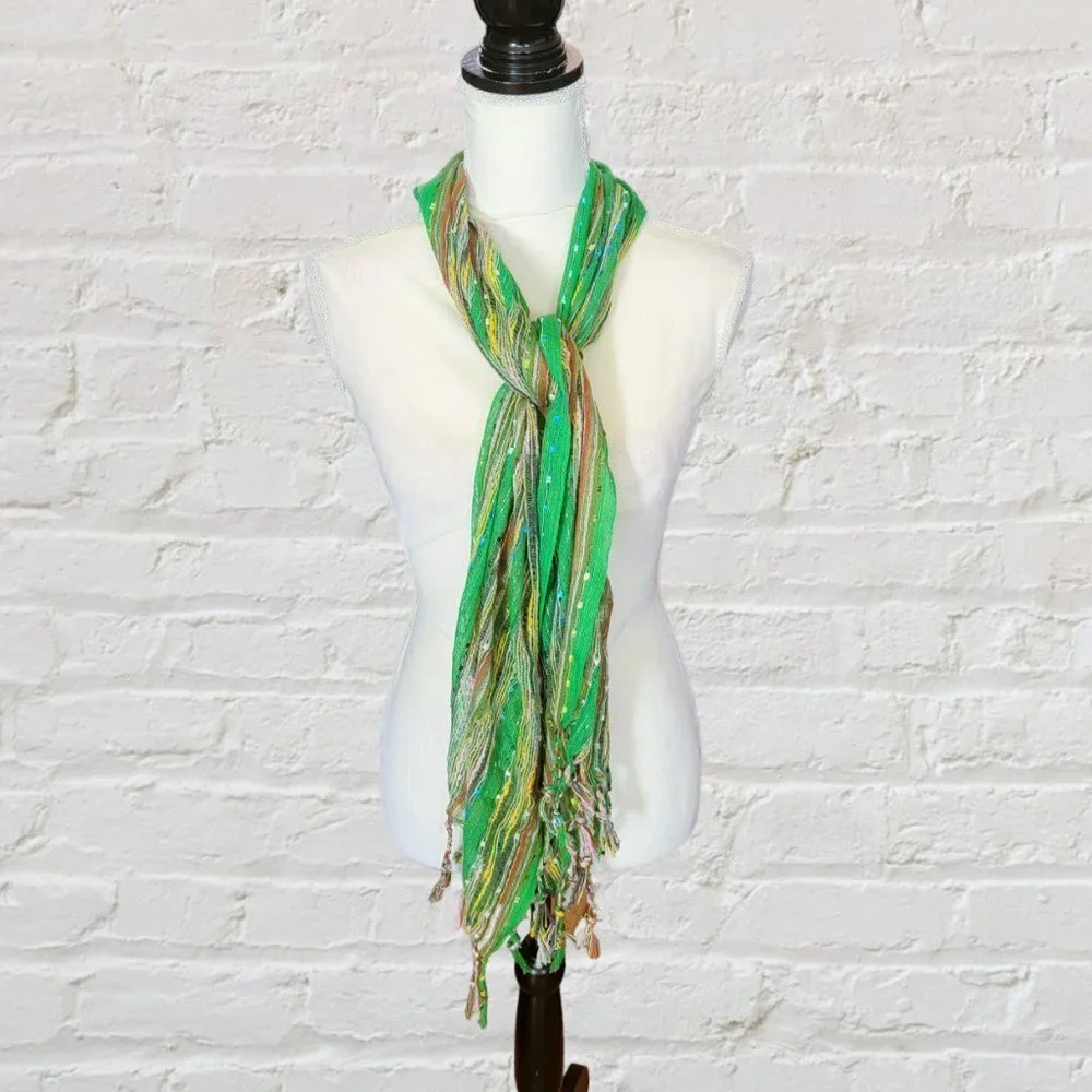Green with Silver Threads Multicolored Background‎ Cotton Open Weave Scarf…